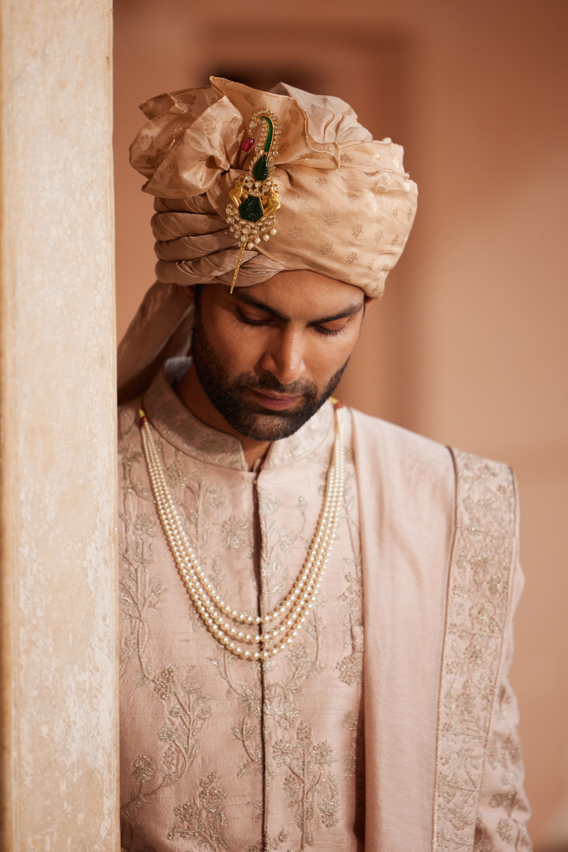 Ahmar Hand-embroidered Silk Sherwani - Salmon, Salmon, image 7